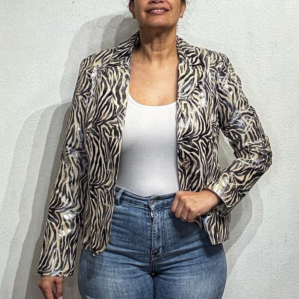 Bamboo Traders Silver Zebra Open Front Blazer Sz M